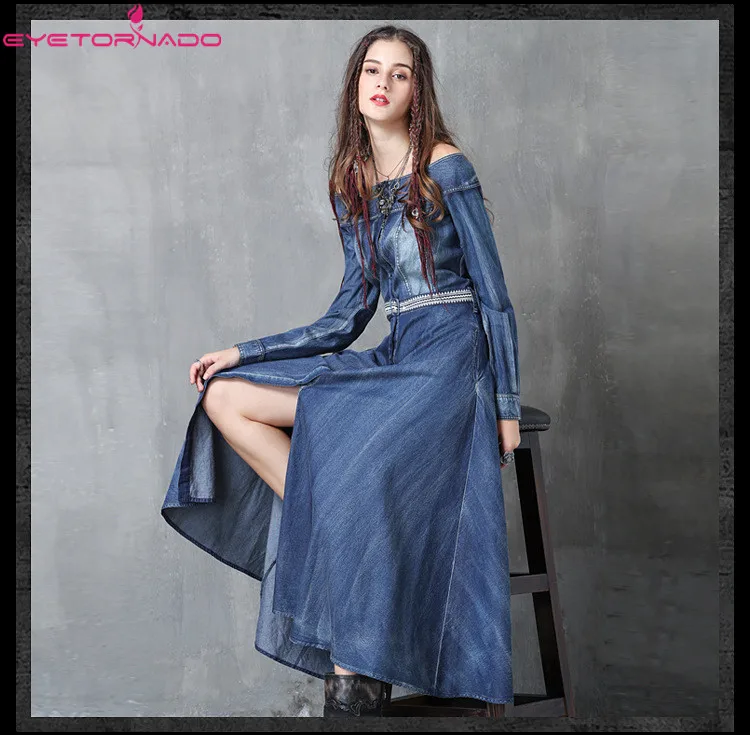Women flower embroidery slash neck belted long denim jeans dress casual office vintage boho maxi dresses vestido 7262
Women flower embroidery slash neck belted long denim jeans dress casual office vintage boho maxi dresses vestido 7262