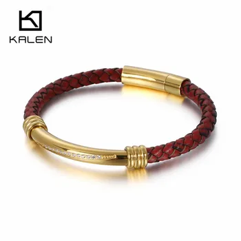 

KALEN Stainless Steel Roman Numerals Charm Bracelet For Men 23cm Retro Braided Leather Wrap Bracelet Bangle Jewelry Accessories