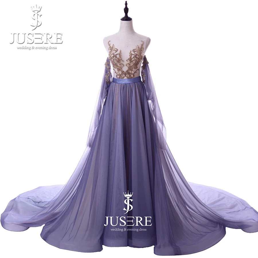 Illusion Shoulder Round Neckline Long Side Sleeves Golden Embroidery Lace A line Chiffon Purple Elegant Evening Dresses 2018
Illusion Shoulder Round Neckline Long Side Sleeves Golden Embroidery Lace A line Chiffon Purple Elegant Evening Dresses 2018