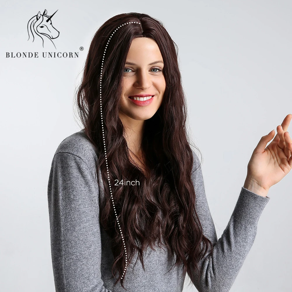 

Blonde Unicorn 26 Inches Synthetic Center Parting Long Wavy Wigs for Women Dark Brown Wig with Free Hairnet Natural Hair 2 Color