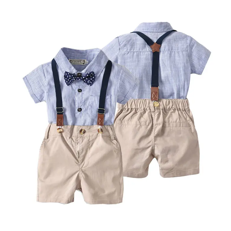 

Baby Boy Clothes Set Kid Gentleman Outfit Infant Formal Suit Party Toddler Bow Tie Striped Shirt Bodysuit+Suspenders Bib Shorts