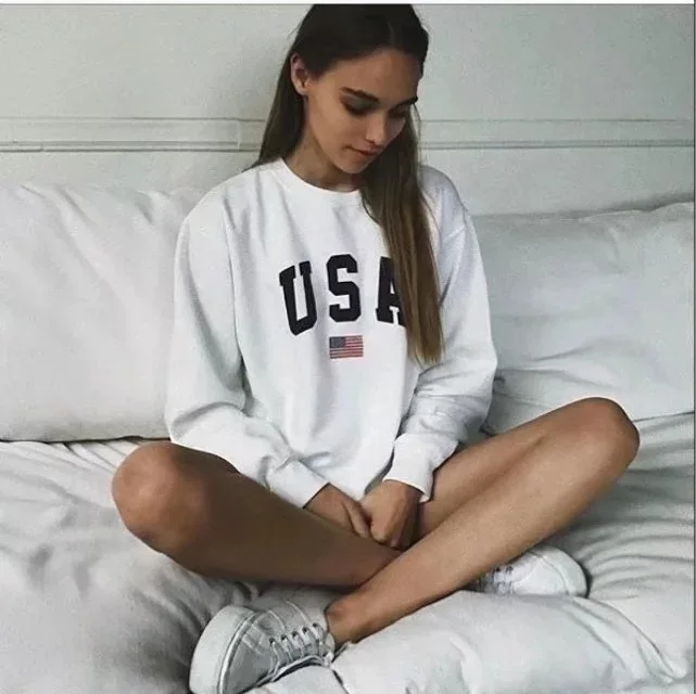 Womens Hoodies Usa Long Sleeve O Neck Hoodie Letter Printed Sweatshirt Jumper Pullover Tops Autumn Winter Femme Loose White Coat (Us