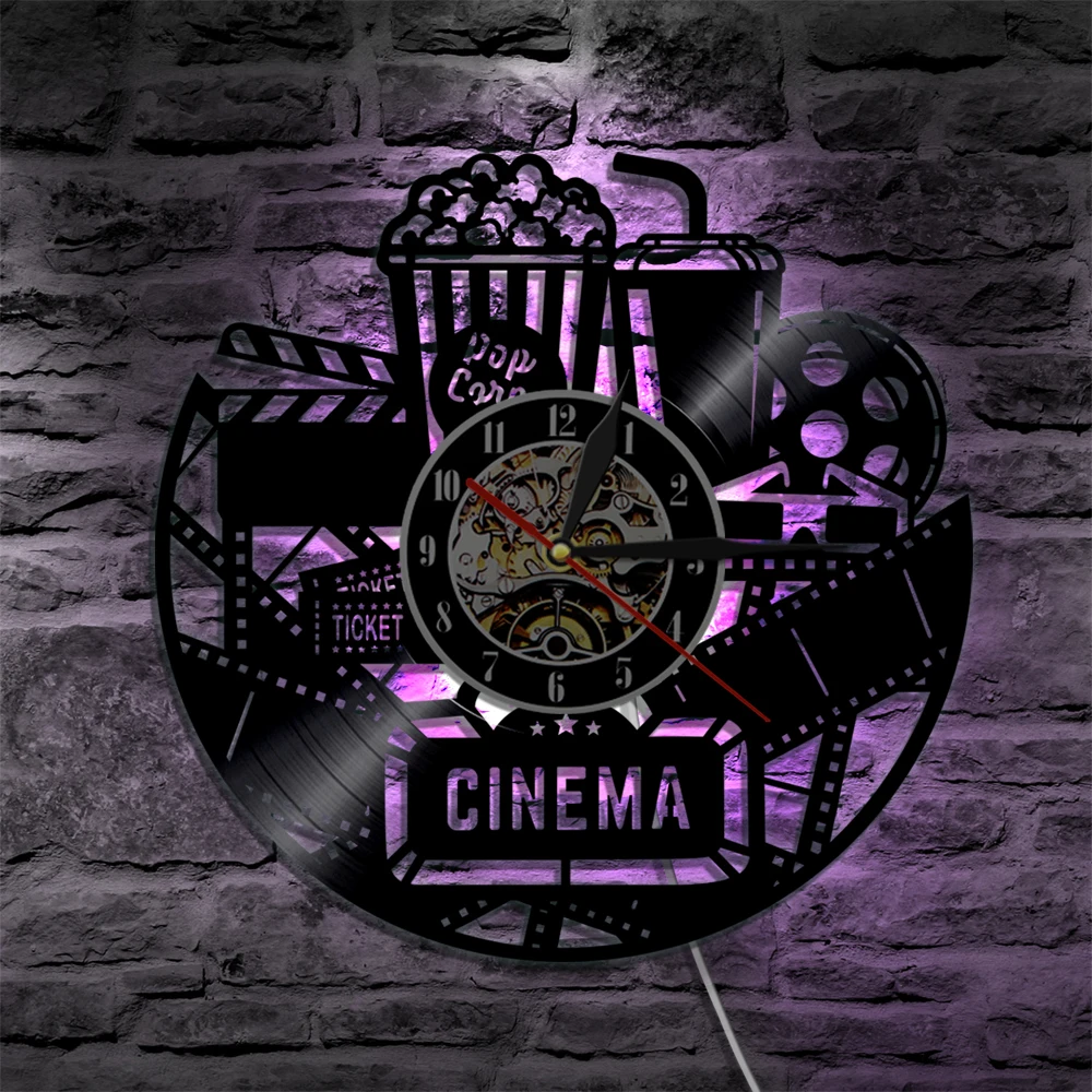 

1Piece Cinema Theme Vinyl Record Wall Clock Movie Theater Sign Popcorn Decorative Lighting Home Decor Wall Watch LED Wall Lamp