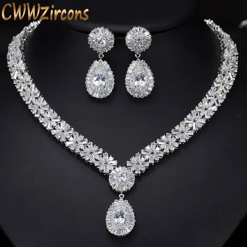 CWWZircons White Gold Color Luxury Bridal CZ Crystal Necklace and Earring Set Big Wedding Jewelry Sets For Brides T103 34