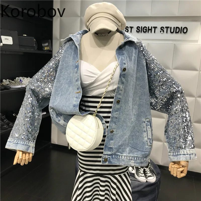 Korobov Sequined Long Sleeve Demin Patchwork Women Jacket Streetwear Turn-down Collar Casual Coats Hole Fashion Coats 77629
Korobov Sequined Long Sleeve Demin Patchwork Women Jacket Streetwear Turn-down Collar Casual Coats Hole Fashion Coats 77629