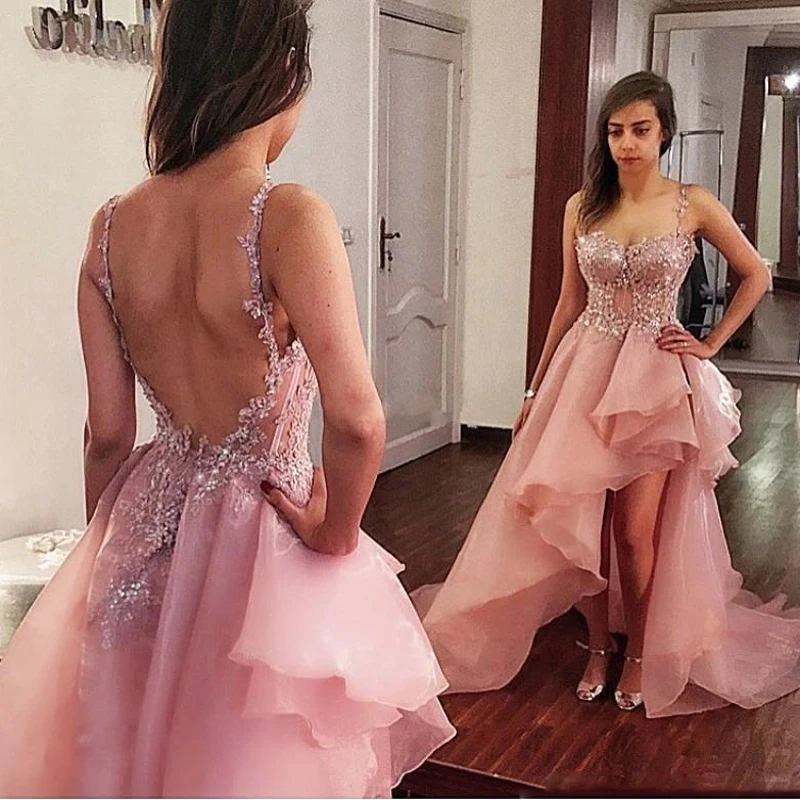 Dusty Pink High Low Prom Gowns Organza Appliqued Backless Formal Wear Custom Made Spaghetti Straps Cocktail Party Gowns 
Dusty Pink High Low Prom Gowns Organza Appliqued Backless Formal Wear Custom Made Spaghetti Straps Cocktail Party Gowns
