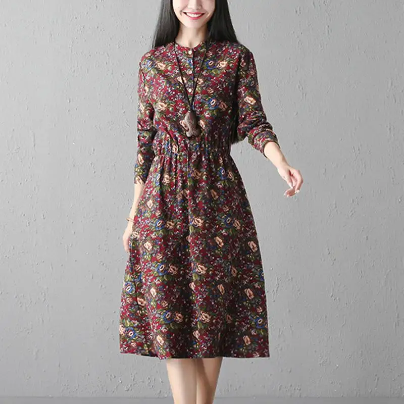 Mferlier Floral Dress O Neck Long Sleeve Elastic Waist Vintage Large Size Women Autumn A Line Cotton Linen Dress
Mferlier Floral Dress O Neck Long Sleeve Elastic Waist Vintage Large Size Women Autumn A Line Cotton Linen Dress
