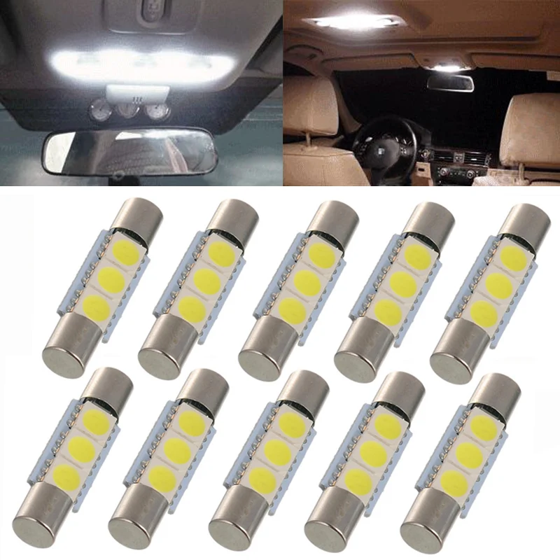 10X White T6 5050 29mm 3-SMD LED Bulb For Car Sun Visor Vanity Mirror Fuse Light