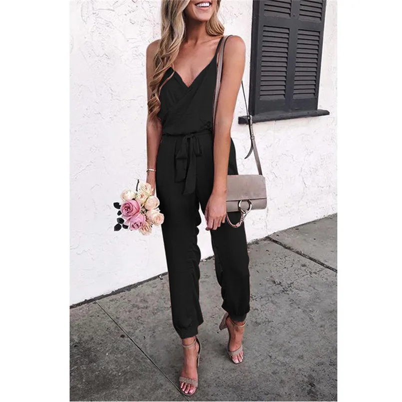 New Summer Women Solid V-Neck Strapless Bandage Ruffled Sleeveless Long Jumpsuits Lady Elegant Playsuit Fashion Jumpsuit #4R07 (10)