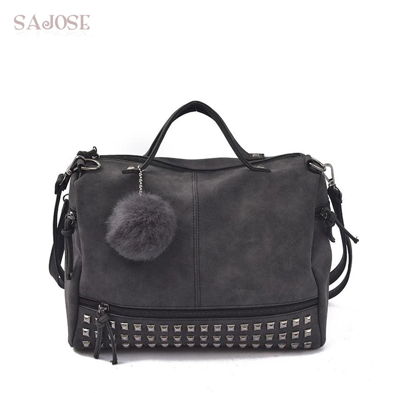 Vintage Nubuck Leather Female Top-handle Bags Rivet Larger Women Shoulder Bag Hair Ball Motorcycle Messenger Bags Drop Shipping
Vintage Nubuck Leather Female Top-handle Bags Rivet Larger Women Shoulder Bag Hair Ball Motorcycle Messenger Bags Drop Shipping