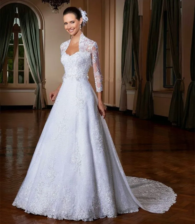 2015 New Style A-Line Wedding Dresses Sweetheart 3/4 Sleeves Tulle with Appliques Court Train Bridal Gowns with Jacket
2015 New Style A-Line Wedding Dresses Sweetheart 3/4 Sleeves Tulle with Appliques Court Train Bridal Gowns with Jacket