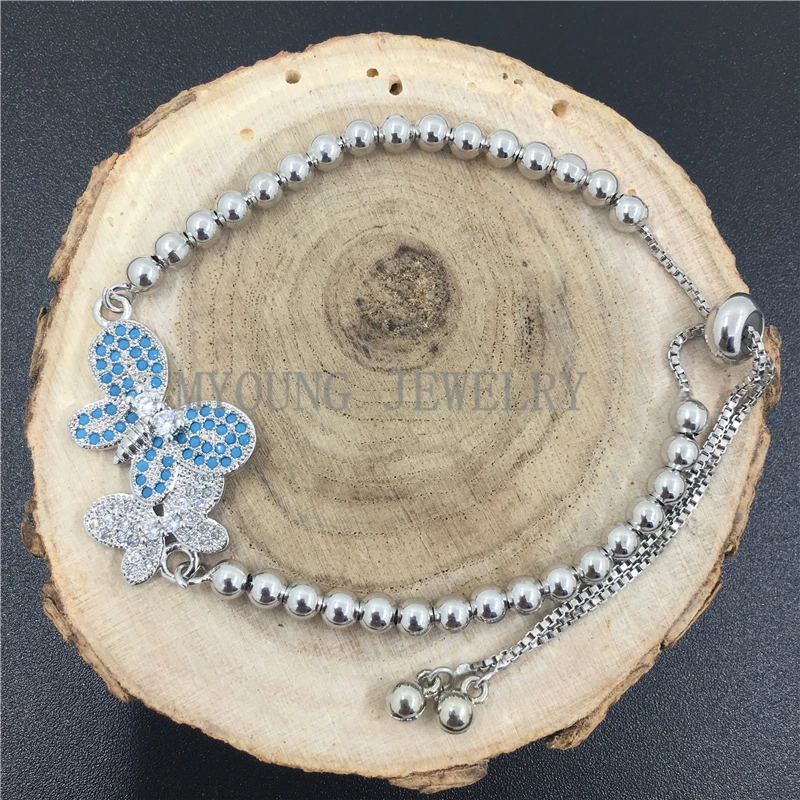 

MY0742 Micro Pave Zirconia and Turquoises Butterfly Shape Pendant With Metal Round Beads Adjustable Bracelet pulseira feminina