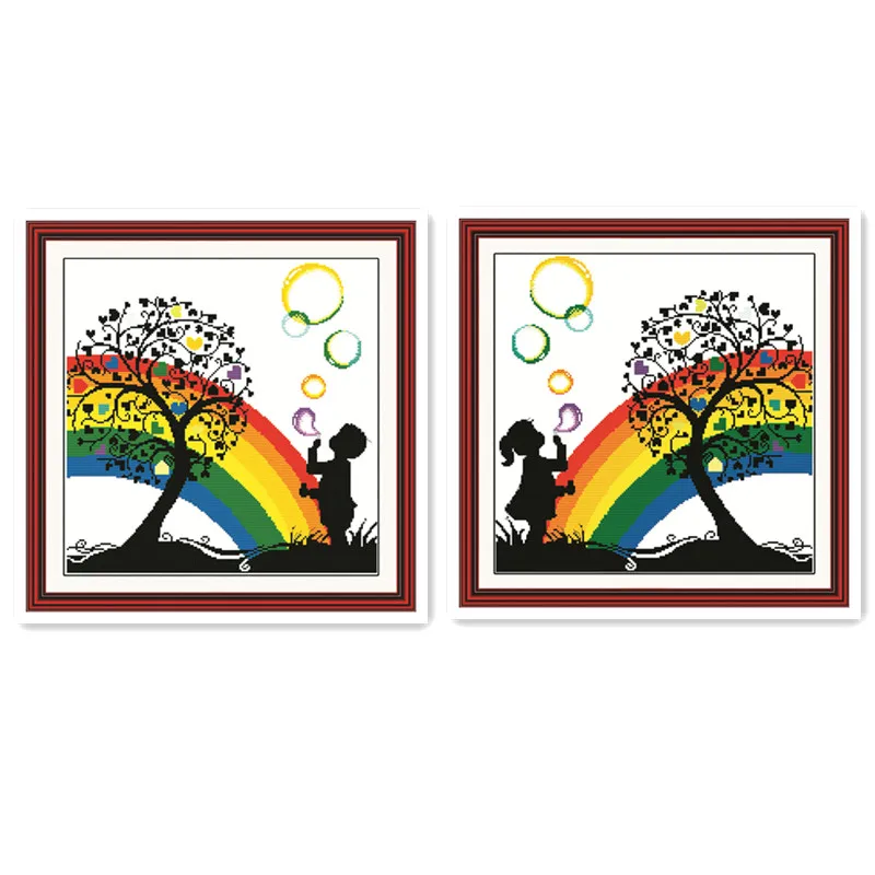 

Rainbow Bubble DIY Cross-stitch Embroidery Painting Boy Girl blowing bubbles under the tree Happy childhood illustration
