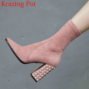 

2021 big size velvet flock pearl rivets stretch boots high heels pointed toe party nightclub elegant winter mid-calf boots L13