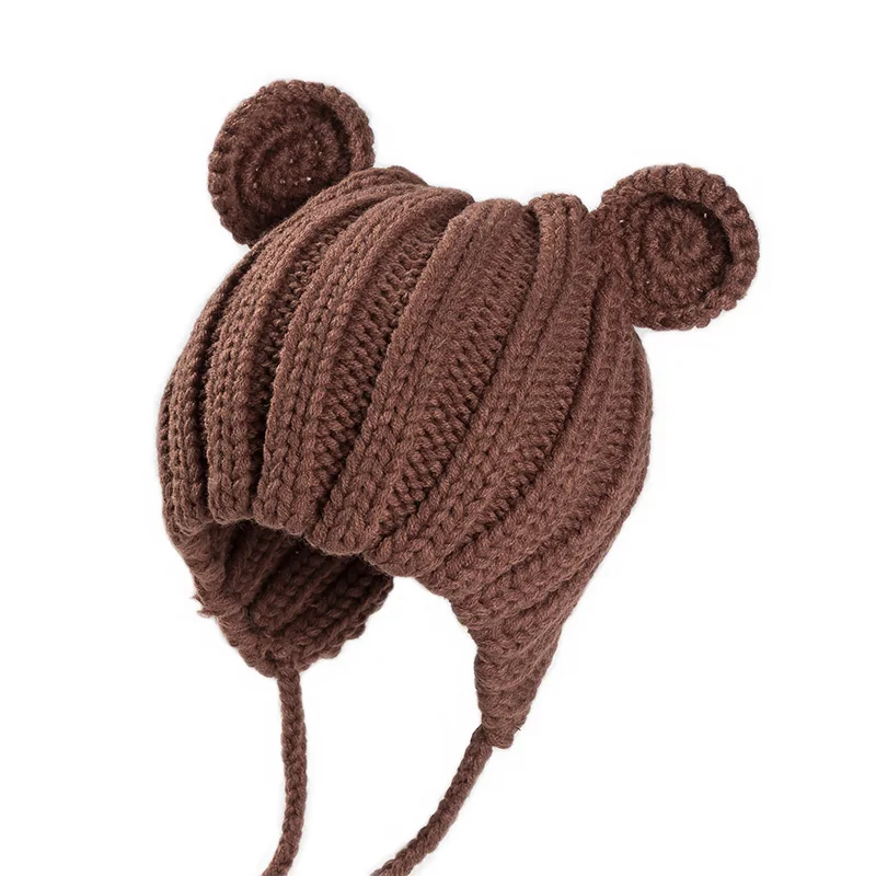 Вязаная зимняя детская шапка с ушками мультяшная шапочка со шнуровкой для детей 5