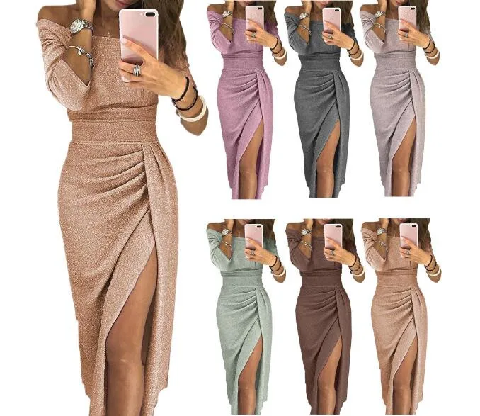 Women Dress Solid Color Slim Wrap Buttocks Off-shoulder Dress Sexy Sparkling Long Slit Dress
Women Dress Solid Color Slim Wrap Buttocks Off-shoulder Dress Sexy Sparkling Long Slit Dress