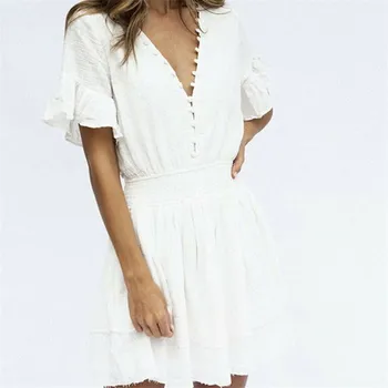 Women Short Sleeve V Neck Dress Solid White Button Dress Summer Holiday Party Dresses Pearls Button Casual Sexy Frill Sundress
Women Short Sleeve V Neck Dress Solid White Button Dress Summer Holiday Party Dresses Pearls Button Casual Sexy Frill Sundress