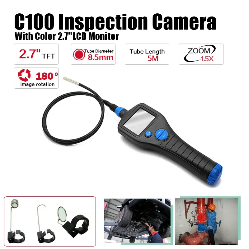 Free Shipping!C100 8.5mm 2.7" Endoscope Borescope Inspection Snake Camera Rotate Zoom Total 5 Meter