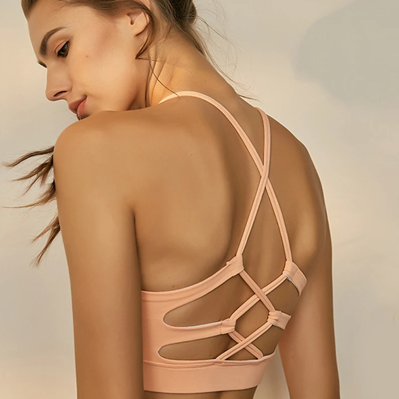 BINAND Women Sexy Cross Bandage Hollow Yoga Bra Padded Solid High Elastic Push Up Breathable Sling Quick Dry Sport Top | Спорт и