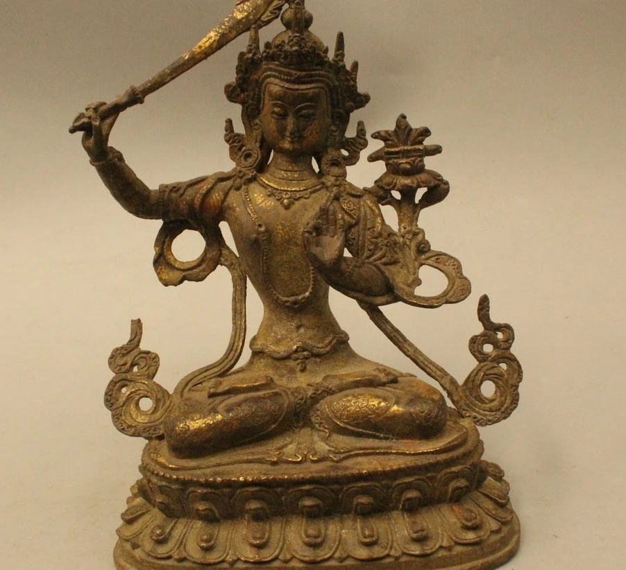 

9"Tibet Tibetan Buddhism Bronze Gilt Manjushri Wenshu Buddha Goddess Statue