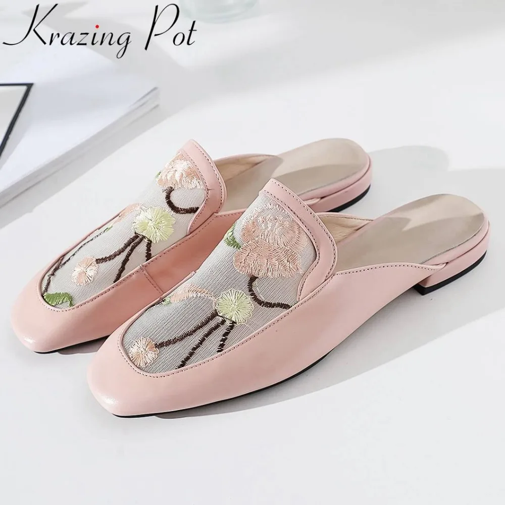 Krazing Pot art design beauty flower embroidery mixed colors cow leather mules mesh slip on mules square toe mesh slippers L23
Krazing Pot art design beauty flower embroidery mixed colors cow leather mules mesh slip on mules square toe mesh slippers L23