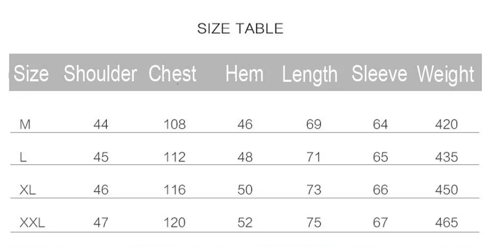 Size table