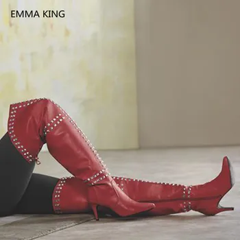 New Pointed Toe Women Over The Knee Long Boots Red Leather Rivets Studded Ladies High Heels Shoes Woman Winter Thigh High Boots
New Pointed Toe Women Over The Knee Long Boots Red Leather Rivets Studded Ladies High Heels Shoes Woman Winter Thigh High Boots