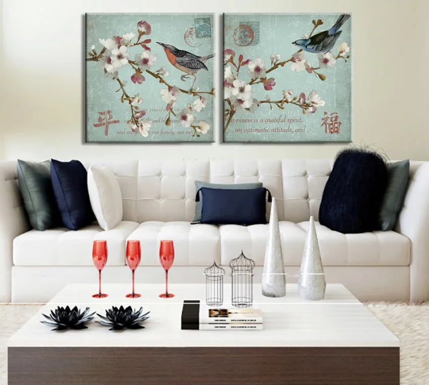 American style Sing Song Birds and plum blossom art print canvas painting vintage home decorative wall pictures for living room YH29-1747z