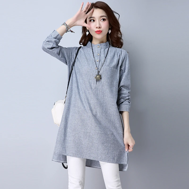 2019 New Women Blouse Tops Stripe Long Shirt Cotton Linen Stand Collar Spring Autumn Casual Loose Blusas Shirt Chemise Femme
2019 New Women Blouse Tops Stripe Long Shirt Cotton Linen Stand Collar Spring Autumn Casual Loose Blusas Shirt Chemise Femme