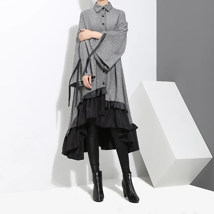 2020 Autumn Winter Women Plus Size Gray Shirt Dress Midi Long Sleeve Patchwork Thick Warm Ruffled Elegant Party Dress Style 3073 2020 Autumn Winter Women Plus Size Gray Shirt Dress Midi Long Sleeve Patchwork Thick Warm Ruffled Elegant Party Dress Style 3073