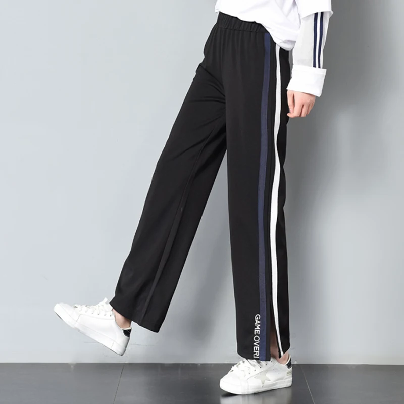 New Harajuku Striped Pants Women Elastic Waist Embroidery Letters Split Korean Pants Black Loose Streetwear Wide Leg Pants M-XXL
New Harajuku Striped Pants Women Elastic Waist Embroidery Letters Split Korean Pants Black Loose Streetwear Wide Leg Pants M-XXL