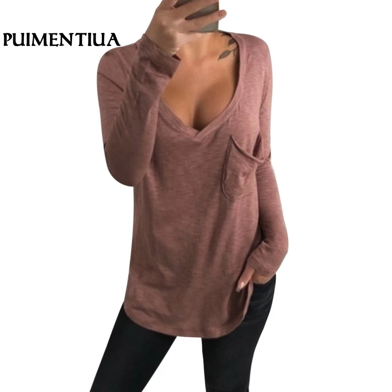 Puimentiua 2019 Women Long Sleeve V-Neck T-shirt Pocket Sexy Loose Pullover Tops Casual Summer Fashionable Streetwear Camiseta
Puimentiua 2019 Women Long Sleeve V-Neck T-shirt Pocket Sexy Loose Pullover Tops Casual Summer Fashionable Streetwear Camiseta