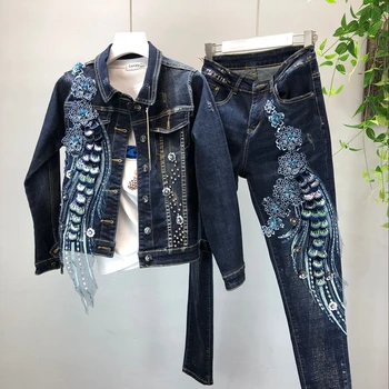 2019 Fall Winter Fashion Heavy Bead Embroidery Sequins Slim Short Stretch Denim Jacket +Jeans Two Piece Denim Trousers Set Femme
2019 Fall Winter Fashion Heavy Bead Embroidery Sequins Slim Short Stretch Denim Jacket +Jeans Two Piece Denim Trousers Set Femme