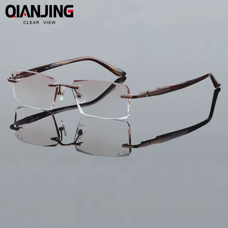 QIANJING Phantom trimming titanium eyewear male model diamond crystal trimming gun metal rimless finished prescription glasses
QIANJING Phantom trimming titanium eyewear male model diamond crystal trimming gun metal rimless finished prescription glasses