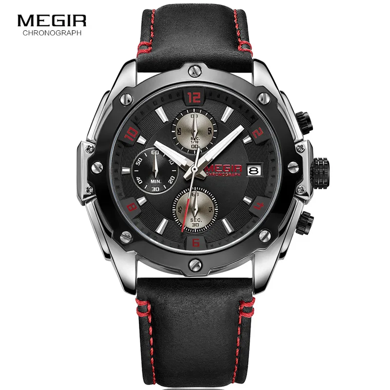 

MEGIR Men's Chronograph Quartz Watches Fashion Black Leather Strap Luminous Analogue Sports Wrist Watch for Man 2074GS-BK-1N8