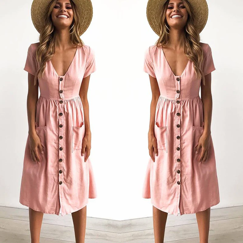 Beautiful Dress!! Women's Fashion Summer Elegant Dresses Short Sleeve V Neck Button Decorative Swing Midi Dress with Pockets
Beautiful Dress!! Women's Fashion Summer Elegant Dresses Short Sleeve V Neck Button Decorative Swing Midi Dress with Pockets