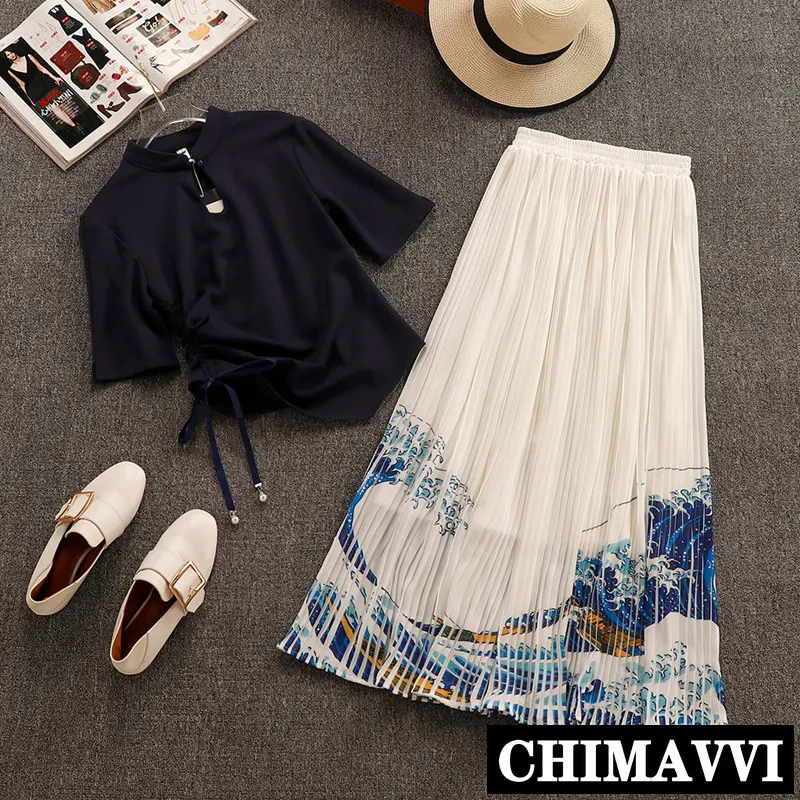 2019 New Summer Retro Women Short Sleeve Slim Shirt Tops + Elastic Waist Printed Pleated Skirt Two-piece Long Chiffon Skirt Set
2019 New Summer Retro Women Short Sleeve Slim Shirt Tops + Elastic Waist Printed Pleated Skirt Two-piece Long Chiffon Skirt Set