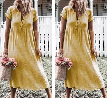 Women Fashion Casual Cotton Linen Summer dresses Short sleeve buttons Solid color Plain Plus size 3XL sundress female Clothes
Women Fashion Casual Cotton Linen Summer dresses Short sleeve buttons Solid color Plain Plus size 3XL sundress female Clothes