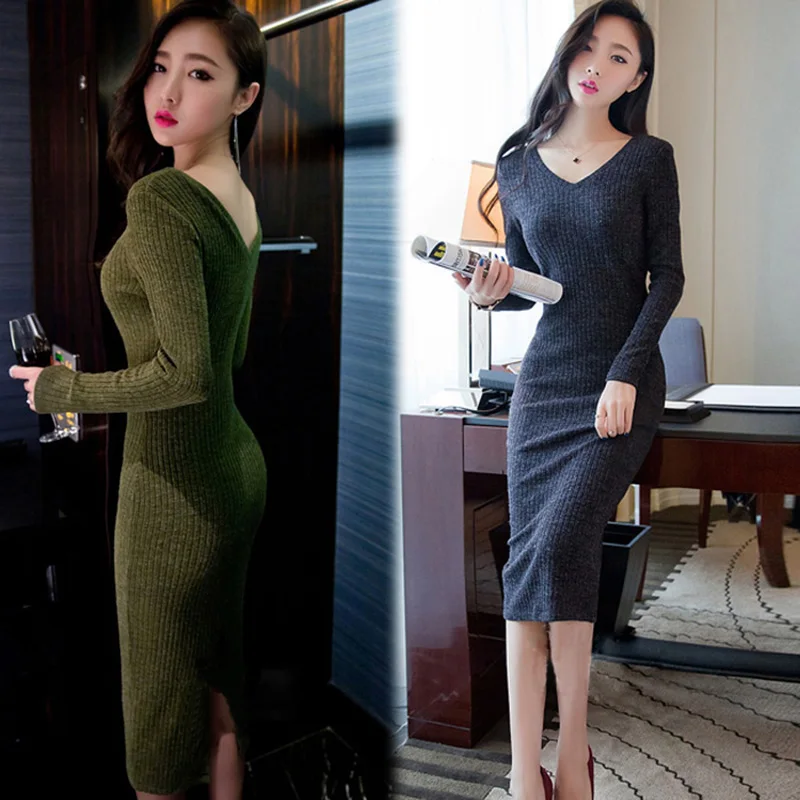 2018 V Neck Split Back Hem Sheath Knitted Women Dress Casual Long Sleeve Autumn Winter Dress Woman Slim Sexy Bodycon Long Dress
2018 V Neck Split Back Hem Sheath Knitted Women Dress Casual Long Sleeve Autumn Winter Dress Woman Slim Sexy Bodycon Long Dress