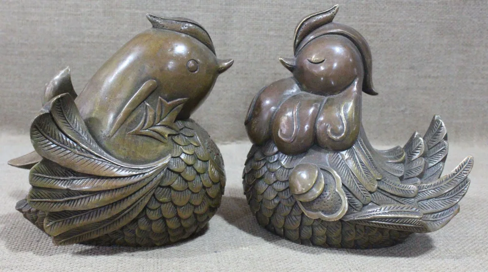 6668<<8" Marked Chinese Bronze FengShui Animal Symbolize Mandarin Duck Pair Sculpture statue