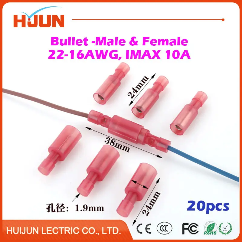 20pcs/lot Bullet-Male & Bullet-Female Red Quick Disconnect Wire Splice Insulation Terminal Connector 22-16AWG 0.5-1.5mm2 10A
20pcs/lot Bullet-Male & Bullet-Female Red Quick Disconnect Wire Splice Insulation Terminal Connector 22-16AWG 0.5-1.5mm2 10A