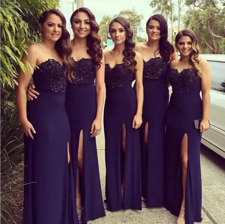 

Navy Blue Cheap Bridesmaid Dresses Under 50 A-line Sweetheart Chiffon Lace Slit Sexy Long Wedding Party Dresses