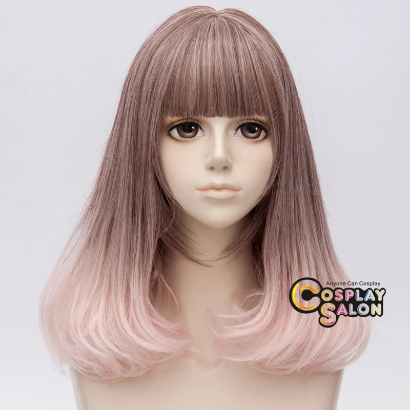 

Lolita 40CM Short Ombre Wavy Brown Mixed Pink Bang Heat Resistant Cosplay Wig