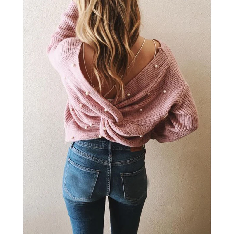 Pearl Beading Twist Backless Knitting Pullover Fashion Autumn Winter Sweater Women Tops V Neck Casual Jumper Pull Femme WS9757V
Pearl Beading Twist Backless Knitting Pullover Fashion Autumn Winter Sweater Women Tops V Neck Casual Jumper Pull Femme WS9757V