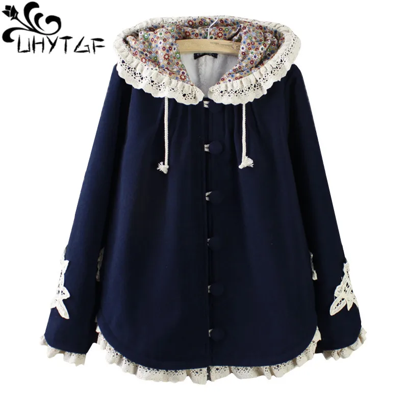UHYTGF Autumn Winter Women's Coat New Lace spell Hooded Woolen Coat Loose large size Cloak Woolen Coats Thicken Warm Outwear 689
UHYTGF Autumn Winter Women's Coat New Lace spell Hooded Woolen Coat Loose large size Cloak Woolen Coats Thicken Warm Outwear 689