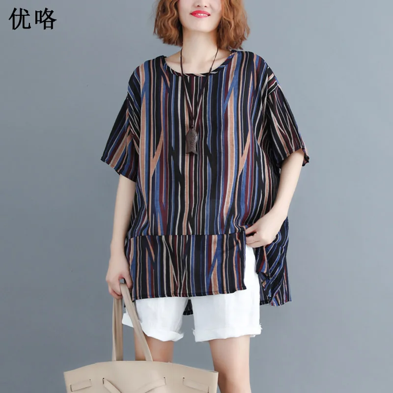 2019 Summer New Cotton Linen Women T Shirt Plus Size Vintage Striped Tshirts Large Size Casual Loose Tee Shirt Femme 4XL 5XL 6XL
2019 Summer New Cotton Linen Women T Shirt Plus Size Vintage Striped Tshirts Large Size Casual Loose Tee Shirt Femme 4XL 5XL 6XL