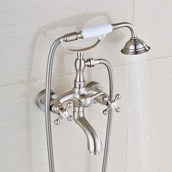 Solid Brass Bathtub Faucet Double Handles Swivel Spout Mixer Tap with Hand Shower Nickel Brushed
Solid Brass Bathtub Faucet Double Handles Swivel Spout Mixer Tap with Hand Shower Nickel Brushed