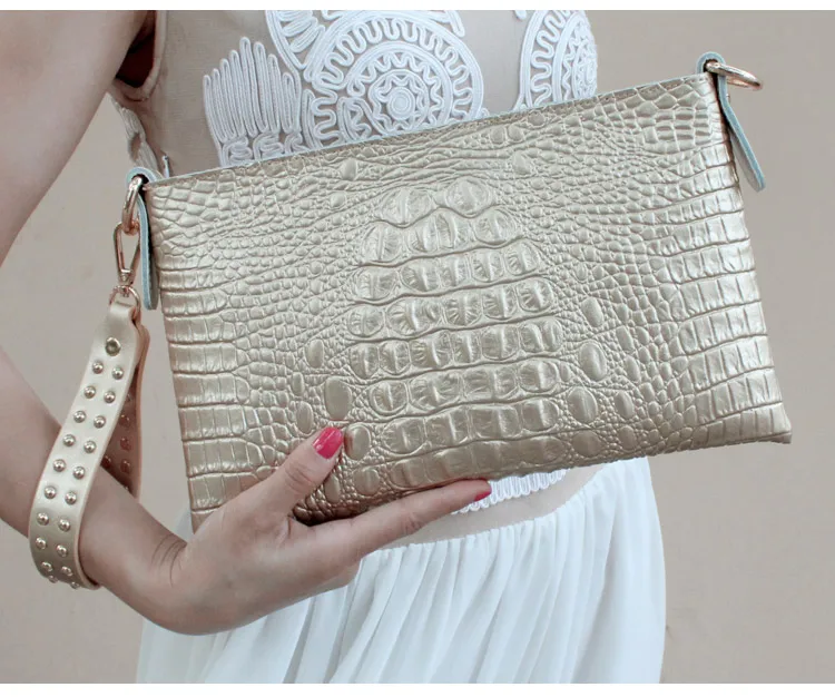 www. - Black Genuine Leather Clutch bag Crocodile Rivet purse  also in Metallic Gold white