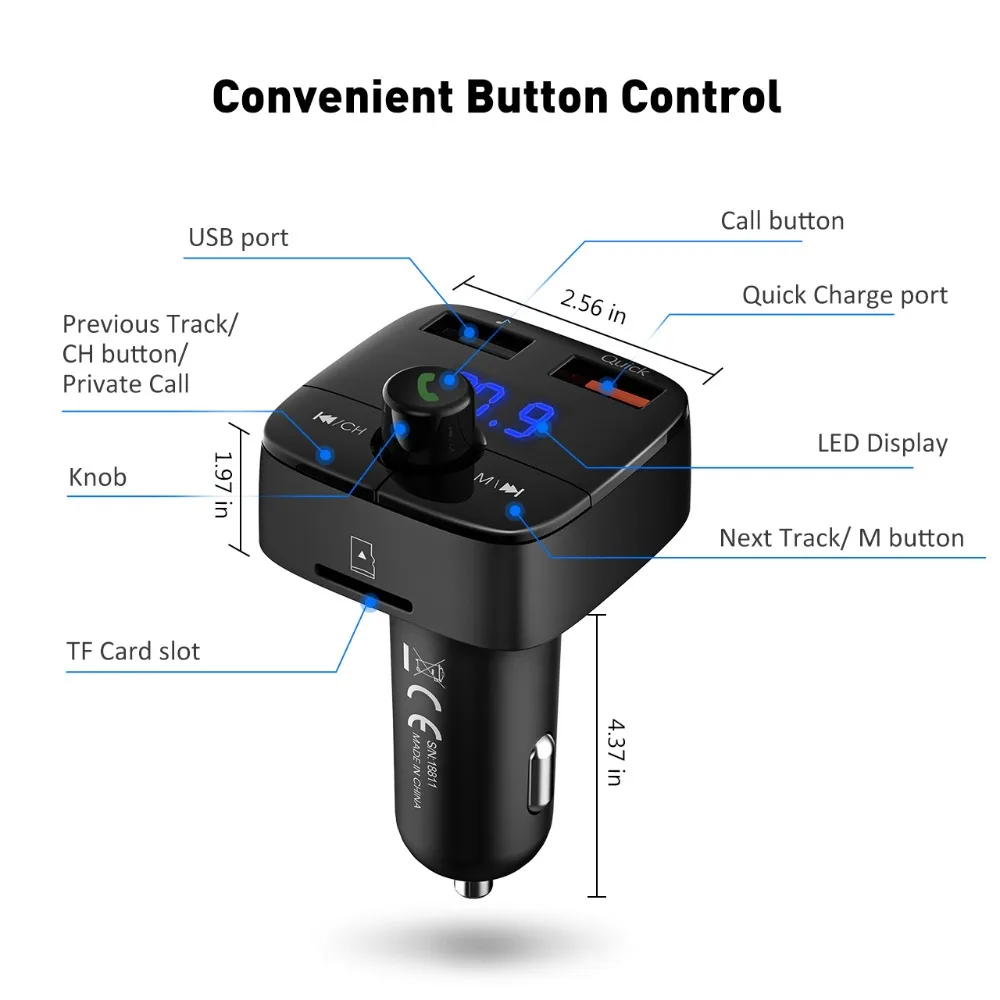 VicTsing Wireless Car Kit Hands-free Radio Transmitter Adapter Bluetooth FM Transmitter USB Car Charger Micro SD TF Music Player (18)