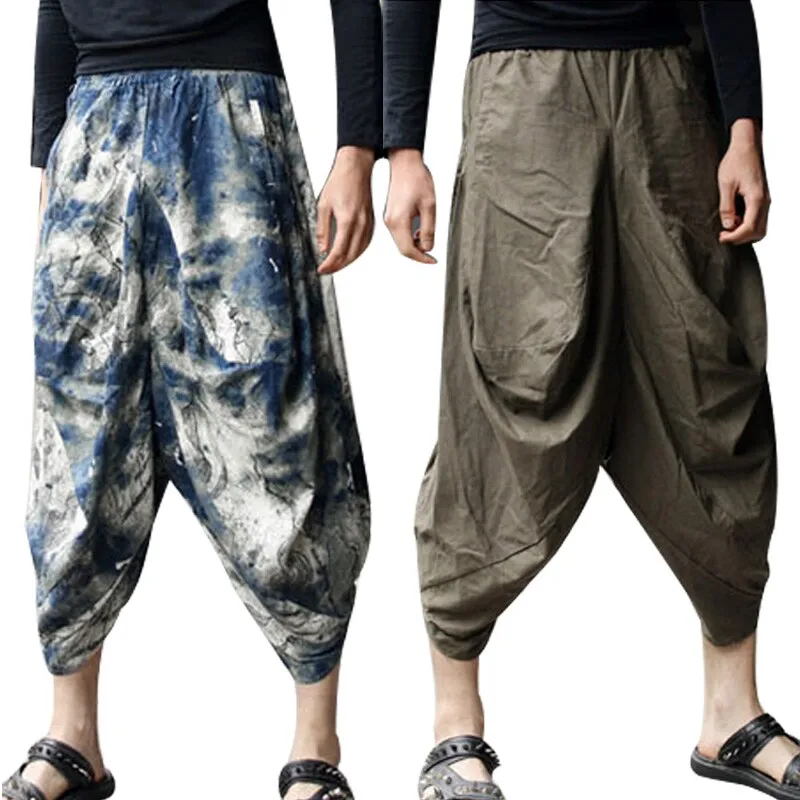 

Men Bloomers trousers Japanese Samurai Nepal Style Boho Casual Low Drop Crotch Loose Fit Harem Baggy Hakama Capri Linen Pants
